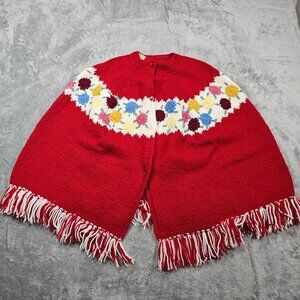 Vintage Handmade Sweater Cape One Size Red Knit Cottagecore Grandma Boho